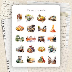 Könnte beinhalten: Ein Bogen mit Aufklebern mit Aquarellillustrationen von indischen Szenen, darunter Essen, Sehenswürdigkeiten und Transportmittel. Der Text "L'armoire des profs" steht oben. Die Aufkleber enthalten Bilder von Essen, einem Zug und einem Tiger.