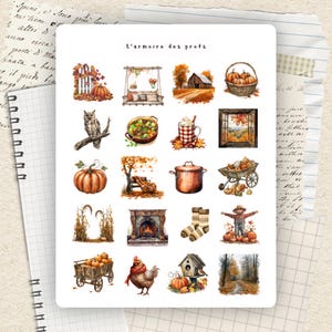Peut inclure: Une planche d'autocollants sur le thème de l'automne avec des illustrations à l'aquarelle. Les autocollants comprennent des citrouilles, un hibou, une ferme, un épouvantail et le texte "L'armoire des profs". La palette de couleurs est chaude, avec des oranges, des bruns et des verts.