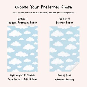 May include: A5 size (21x15cm) single-sided paper with a light blue background and white cloud pattern. Option 1 is 120gsm premium paper, lightweight and flexible. Option 2 is sticker paper with a peel and stick adhesive backing.