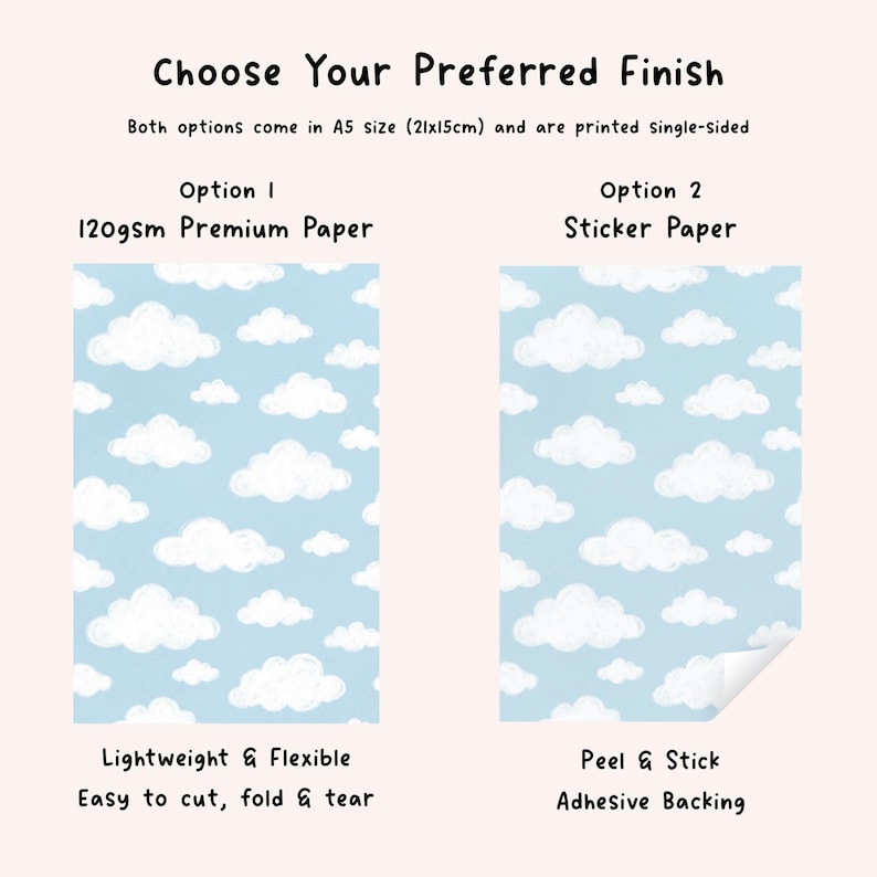 May include: A5 size (21x15cm) single-sided paper with a light blue background and white cloud pattern. Option 1 is 120gsm premium paper, lightweight and flexible. Option 2 is sticker paper with a peel and stick adhesive backing.