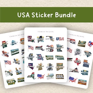 Può includere: Un pacchetto di adesivi con singoli adesivi statali con nomi e bandiere statali. Gli adesivi sono in vari colori e design, con uno striscione verde che recita "USA Sticker Bundle". Gli adesivi sono su sfondo bianco.