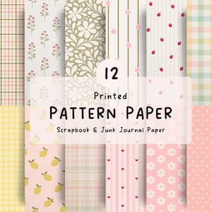May include: A collection of 12 printed pattern papers for scrapbooking and junk journaling. The designs include floral motifs, strawberries, lemons, plaid, stripes, hearts, and polka dots in soft pastel colours like pink, yellow, and green.