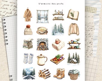 May include: Watercolor illustrations of cozy winter items, including a robe, window scene, toiletries, a book, a beanie, a cup of tea, a sweater, a stack of books, a fireplace, a blanket with a mug, a shelf with bowls, socks, a teapot, a cutting board, a cabin, a road, logs, boots, and a basket.