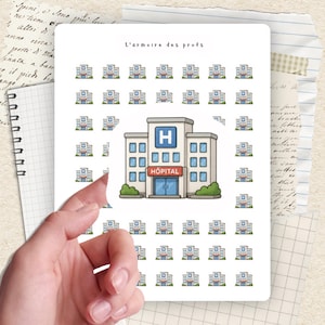 May include: A sticker sheet with a repeating pattern of small hospital illustrations and a larger central hospital graphic. The central graphic has a blue 'H' and the word 'HÔPITAL'. The text 'L'armoire des profs' is at the top.