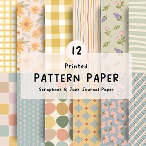 Peut inclure: Un ensemble de 12 papiers à motifs imprimés pour le scrapbooking et le junk journaling. Les designs présentent divers motifs incluant du vichy jaune, des tournesols, des rayures verticales, des fleurs, des formes géométriques et des motifs abstraits.