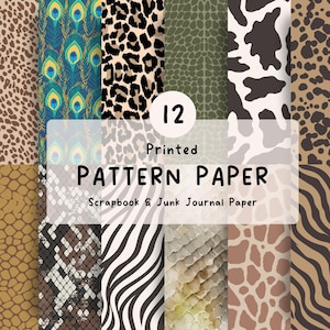 Peut inclure: Un ensemble de 12 papiers à motifs imprimés pour le scrapbooking et le junk journaling. Les designs incluent divers imprimés animaliers comme le léopard, le zèbre, la girafe et la vache, ainsi que des plumes de paon et des écailles de reptile.