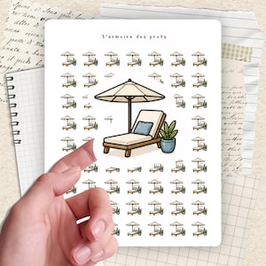 May include: A sticker sheet with beach-themed illustrations. The stickers depict a sun lounger with an umbrella, a potted plant, and smaller versions of the same elements. The text "L'armoire des profs" is at the top.