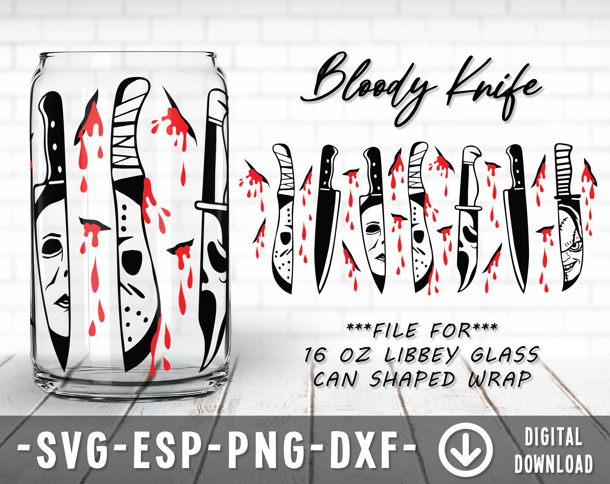 Killer Bloody Knife Coffee Glass Wrap Svg, 16oz Libbey Full Wrap Svg,…