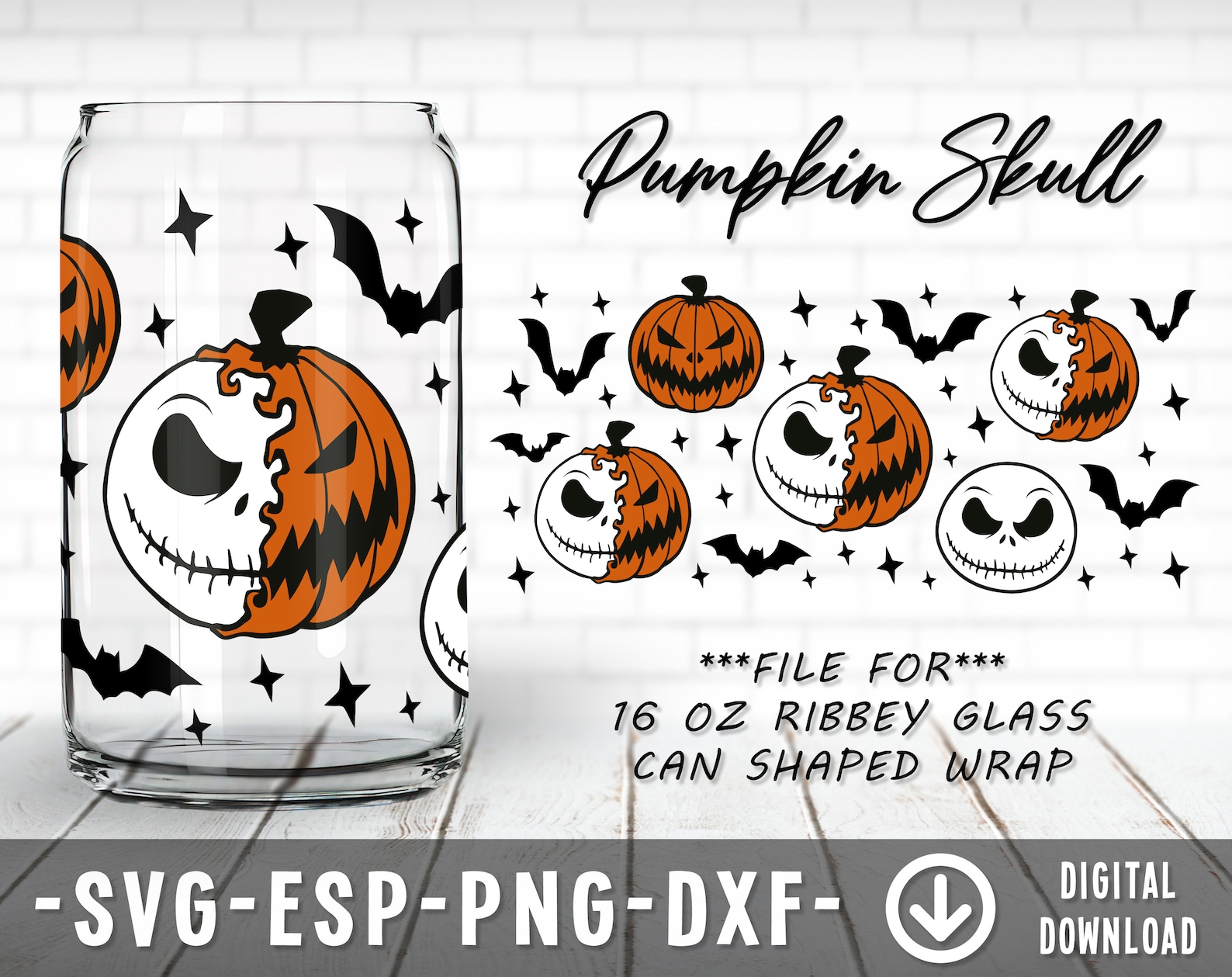 Pumpkin Skull Coffee Glass Wrap Svg 16oz Libbey Full Wrap | Etsy