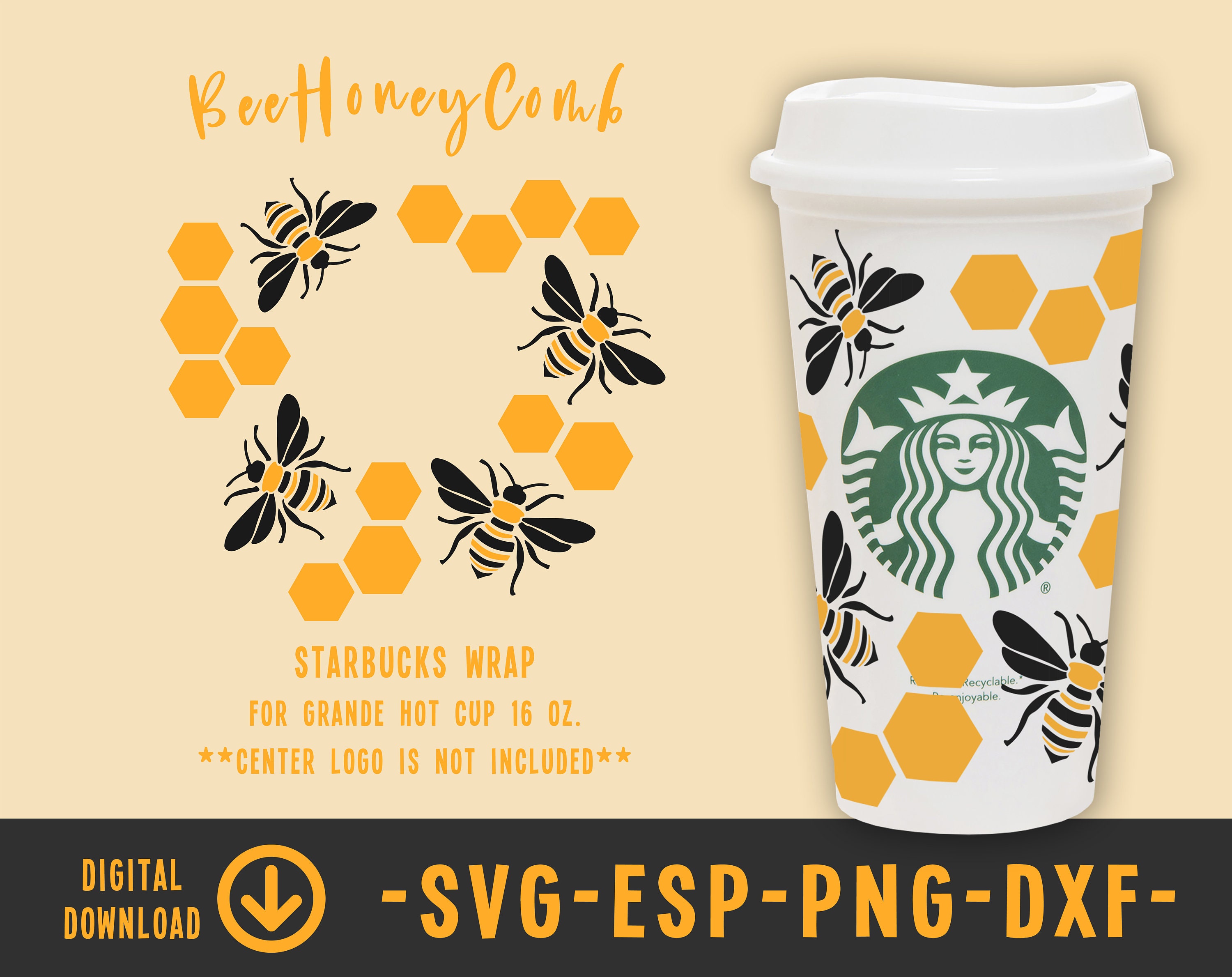 honeycomb bee svg Bee cup Honey bee full wrap for Starbucks  Grande hot cup 16oz PNG,DFX,SVG file for Cricut,digital download