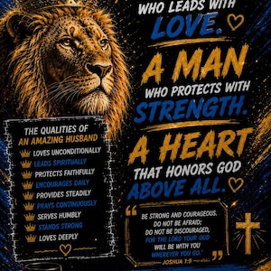 Op de afbeelding: Een poster met een leeuw die een kroon draagt, met de tekst A KING WHO LEADS WITH LOVE, A MAN WHO PROTECTS WITH STRENGTH, A HEART THAT HONORS GOD ABOVE ALL en Joshua 1:9, plus een zwarte mok met de tekst FAITH OVER FEAR ALWAYS.