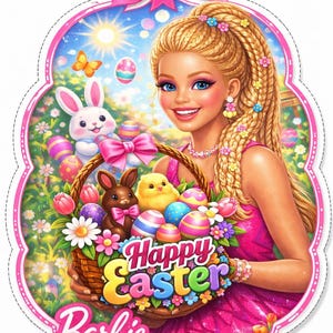 Puede incluir: Ilustración colorida de Barbie sosteniendo una cesta llena de huevos de Pascua, un conejo de chocolate y un pollito. Se muestran las palabras "Happy Easter" y "Barbie". El fondo muestra un día soleado con flores y un conejo.