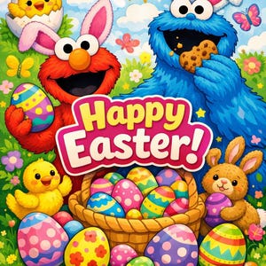 May include: A colorful illustration with the text "Happy Easter!" features cartoon characters, decorated Easter eggs, and a basket. Elmo and Cookie Monster are dressed as bunnies. A smiling sun and butterflies are also present.