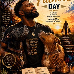 May include: A Father's Day poster featuring a man with two dogs, an open book with text, a coffee mug, and a crown on books. The text includes 'HAPPY Father's DAY', 'PROTECTOR. PROVIDER. TEACHER. FRIEND. HERO. DAD.', and various inspirational phrases.