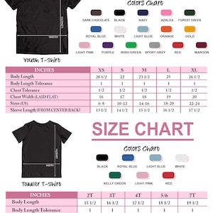 May include: Size chart for youth and toddler t-shirts. The chart shows measurements in inches for different sizes, including body length, chest width, and sleeve length. The chart also includes a colour chart with various colours available for the t-shirts.
