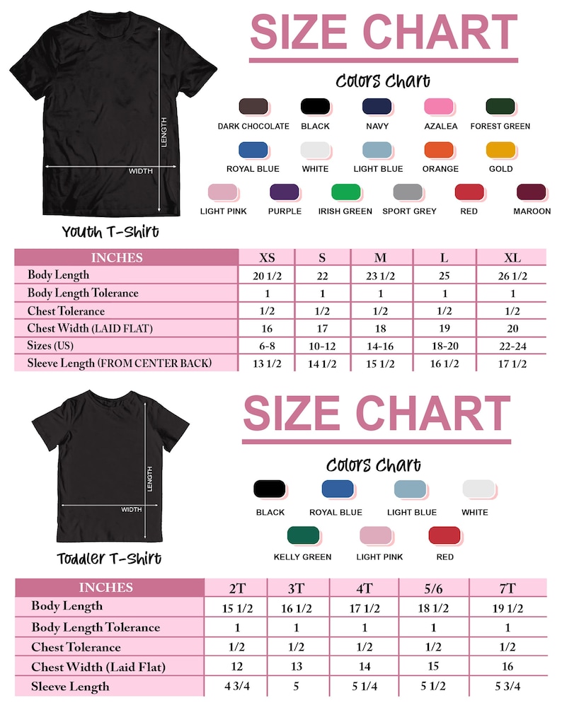 May include: Size chart for youth and toddler t-shirts. The chart shows measurements in inches for different sizes, including body length, chest width, and sleeve length. The chart also includes a colour chart with various colours available for the t-shirts.