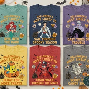 May include: Six t-shirts in teal, navy, purple, yellow, red, and gray featuring Disney characters with Halloween graphics and text including Halloween's Most Likely To, Dive Into The Dark, Sail Through Spooky Season, Cast Tides Of Trouble, Float For More Treats, Crab-Walk Through The Night, and Scout The Candy Shop.