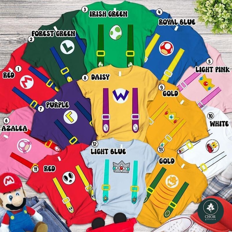 Mario Family Matching Costume Shirts, Yoshi Princess Peach Bowser Luigi Shirt, Princess Costume, Super Mario Family Halloween Costume Shirts image 1