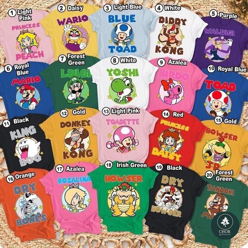 Super Mario Costume Family Matching Shirt, Halloween Super Mario Family Shirt, Mario Group Costume Bros Luigi Yoshi Peach Bowser Toad Shirt image 1