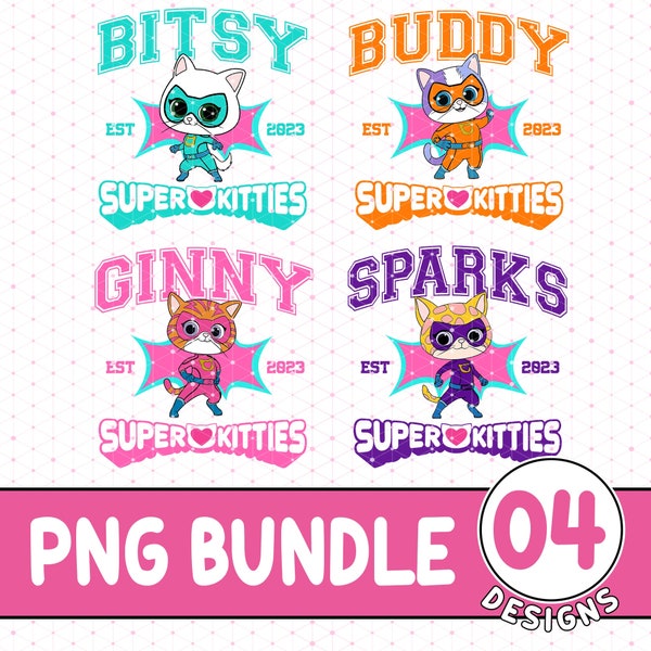 Junior Super Kitties Png, SuperKitties Character Png, Buddy Cat, Bitsy Cat, Ginny Cat, Sparks Cat, Birthday Gifts, Digital Download