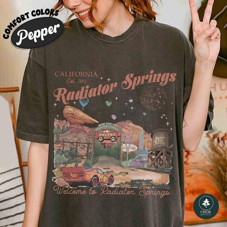 Vintage Radiator Springs Comfort Colors Shirt, Pixar Lightning McQueen Tee, Pixar Cars Family Shirts, Disney;and Family Vacation Shirt image 2
