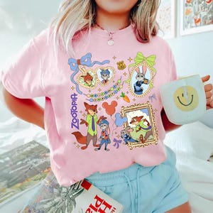 Camisa con lazo de acuarela de personajes de Zootopia, colores cómodos, Judy Hopps y Nick Wilde, vacaciones familiares en Disneyland, viaje a WDW 2025 imagen 2