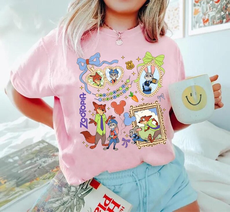 Camisa con lazo de acuarela de personajes de Zootopia, colores cómodos, Judy Hopps y Nick Wilde, vacaciones familiares en Disneyland, viaje a WDW 2025 imagen 2
