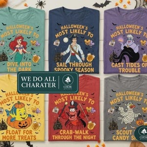 May include: Six t-shirts in teal, navy, purple, yellow, red, and gray, each featuring a Disney character in a Halloween theme with the text Halloween's Most Likely To and specific phrases like Dive Into The Dark or Sail Through Spooky Season.