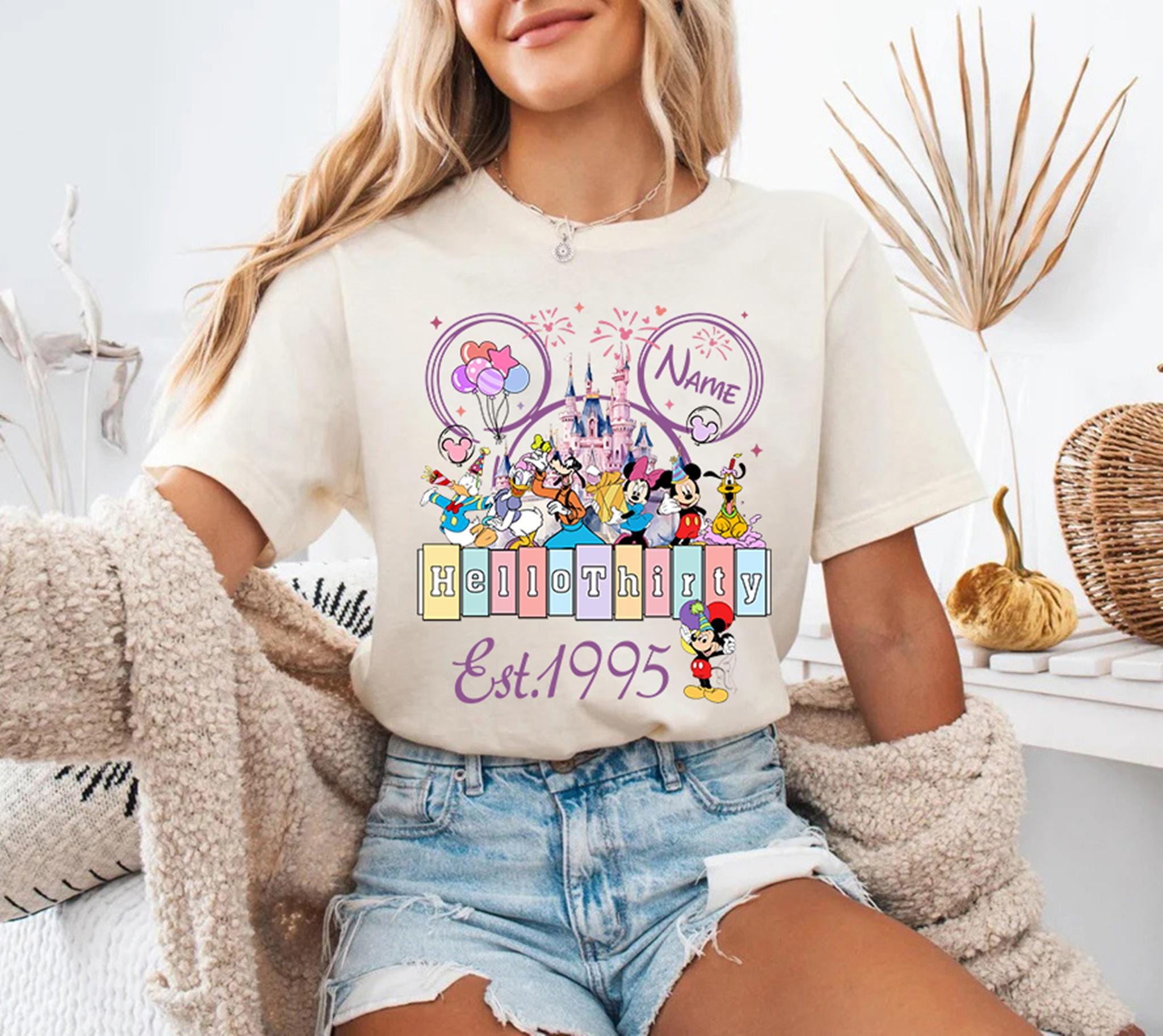Personalized Disneyland 30Th Birthday Shirt, Mickey And Friends Shirt, Hello Thirty Est 1995 Birthday Shirt, Disneyland Castle Birthday Tees