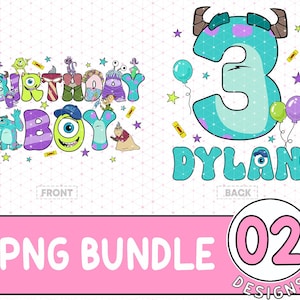 Puede incluir: Una descarga digital de dos imágenes PNG con un tema de cumpleaños con un personaje de monstruo azul. La primera imagen dice "Birthday Boy" con un personaje de monstruo azul y otros personajes de la película Monsters Inc. La segunda imagen presenta un personaje de monstruo azul en forma del número 3 con el nombre "Dylan" debajo.