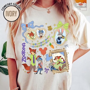 Camisa con lazo de acuarela de personajes de Zootopia, colores cómodos, Judy Hopps y Nick Wilde, vacaciones familiares en Disneyland, viaje a WDW 2025 imagen 1