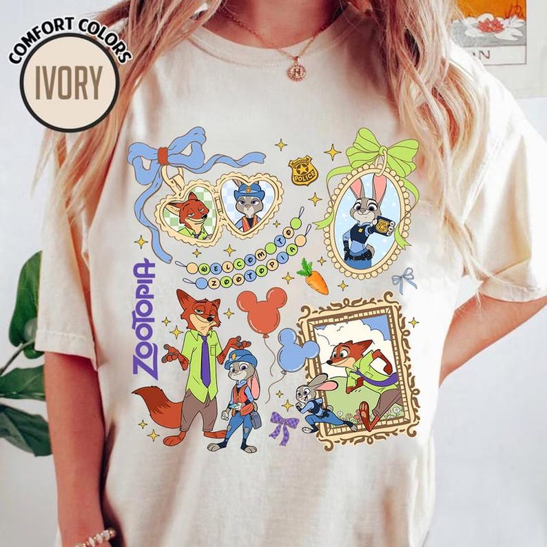 Camisa con lazo de acuarela de personajes de Zootopia, colores cómodos, Judy Hopps y Nick Wilde, vacaciones familiares en Disneyland, viaje a WDW 2025 imagen 1