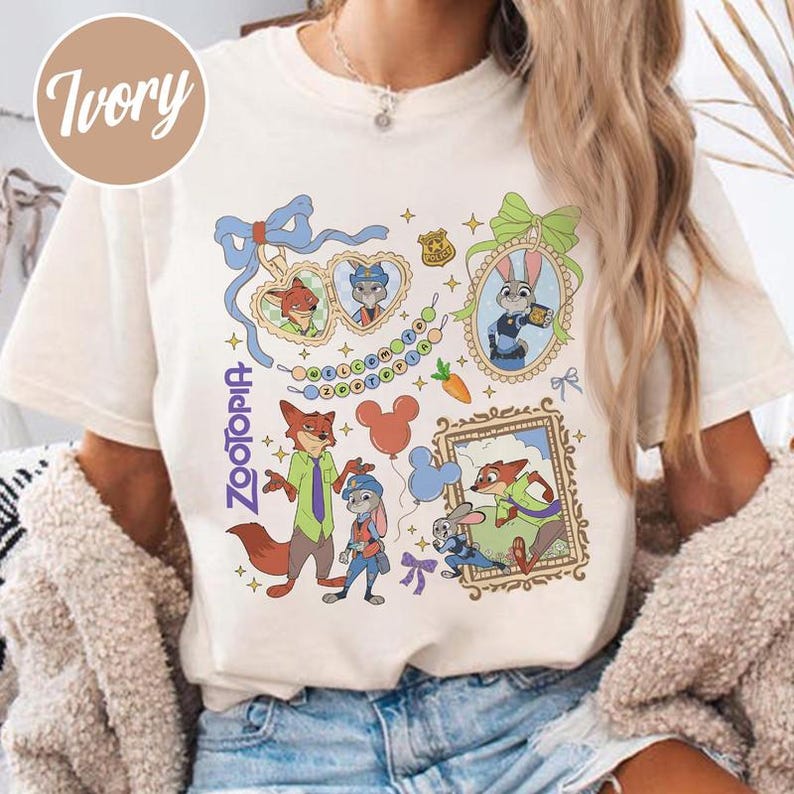 Camisa con lazo de acuarela de personajes de Zootopia, colores cómodos, Judy Hopps y Nick Wilde, vacaciones familiares en Disneyland, viaje a WDW 2025 imagen 3