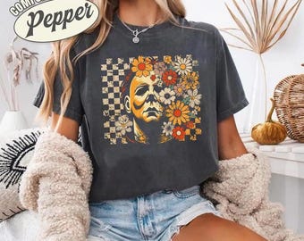 Retro Michael Myers Killer Halloween Comfort Colors Shirt, Floral Halloween Coquette Tee, Halloween Movie Shirt, Horror Halloween Character