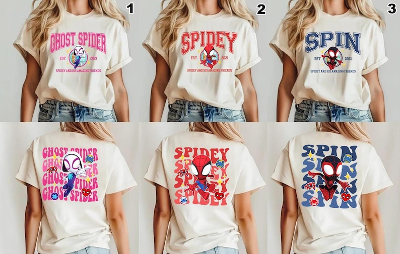Camiseta de Spidey y sus increíbles amigos, camiseta a juego de Ghost Spider Spin, camiseta familiar a juego, camiseta de Spiderman, camiseta de superhéroe de los Vengadores imagen 1