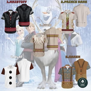 May include: Five short-sleeved button-down shirts featuring designs inspired by characters: a black Kristoff shirt, a beige Prince Hans shirt, a tan Sven shirt with fur details, a white Olaf shirt with black buttons, and a brown Oaken shirt with suspenders.