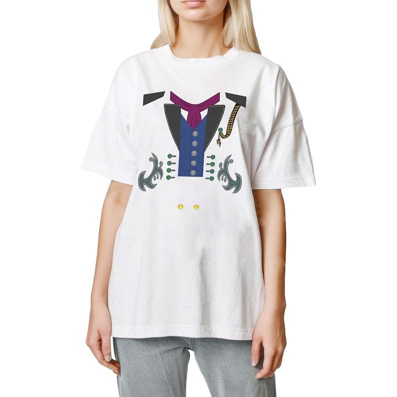 May include: White t-shirt featuring a graphic of a blue and black waistcoat with a purple tie and gold accents.