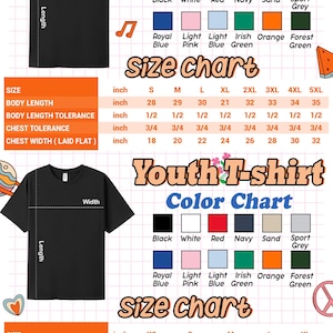 The image is a color chart for a unisex t-shirt, providing size information and color options for different body lengths and sleeve lengths.