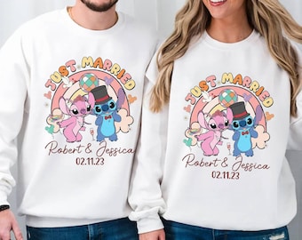 Custom Stitch Angel Bride and Groom Just Married Shirt, Stitch Couple Shirt, Disneyland Anniversary Shirts, Wedding Anniversary Gift
