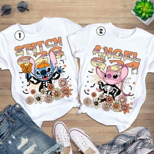Comfort Colors Stitch Angel Couple Skeleton Halloween Shirt, Halloween Floral Shirt, Halloween Family Matching, Halloween Party 2025 Tee