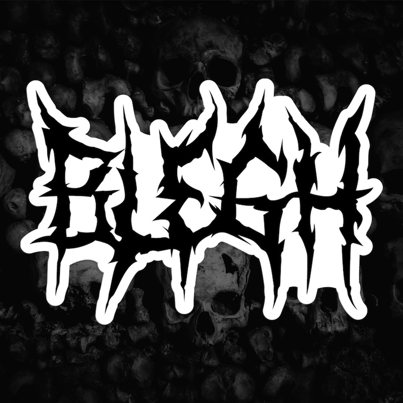 May include: Black and white graphic design of the word "BLUESH" in a stylized, heavy metal font. The design is set against a background of skulls.