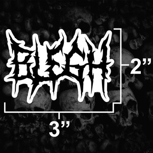 May include: White vinyl sticker with the word "DEATH" in a black, stylized font. The sticker is 3 inches wide and 2 inches tall.
