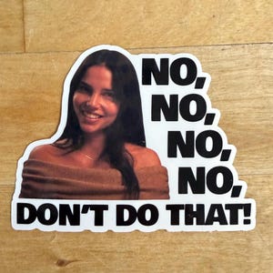 May include: A die-cut vinyl sticker featuring a photographic portrait of a person with long dark hair wearing a tan off-the-shoulder top. To the right and bottom, bold black text reads: NO, NO, NO, NO, NO, DON'T DO THAT! with a white border.