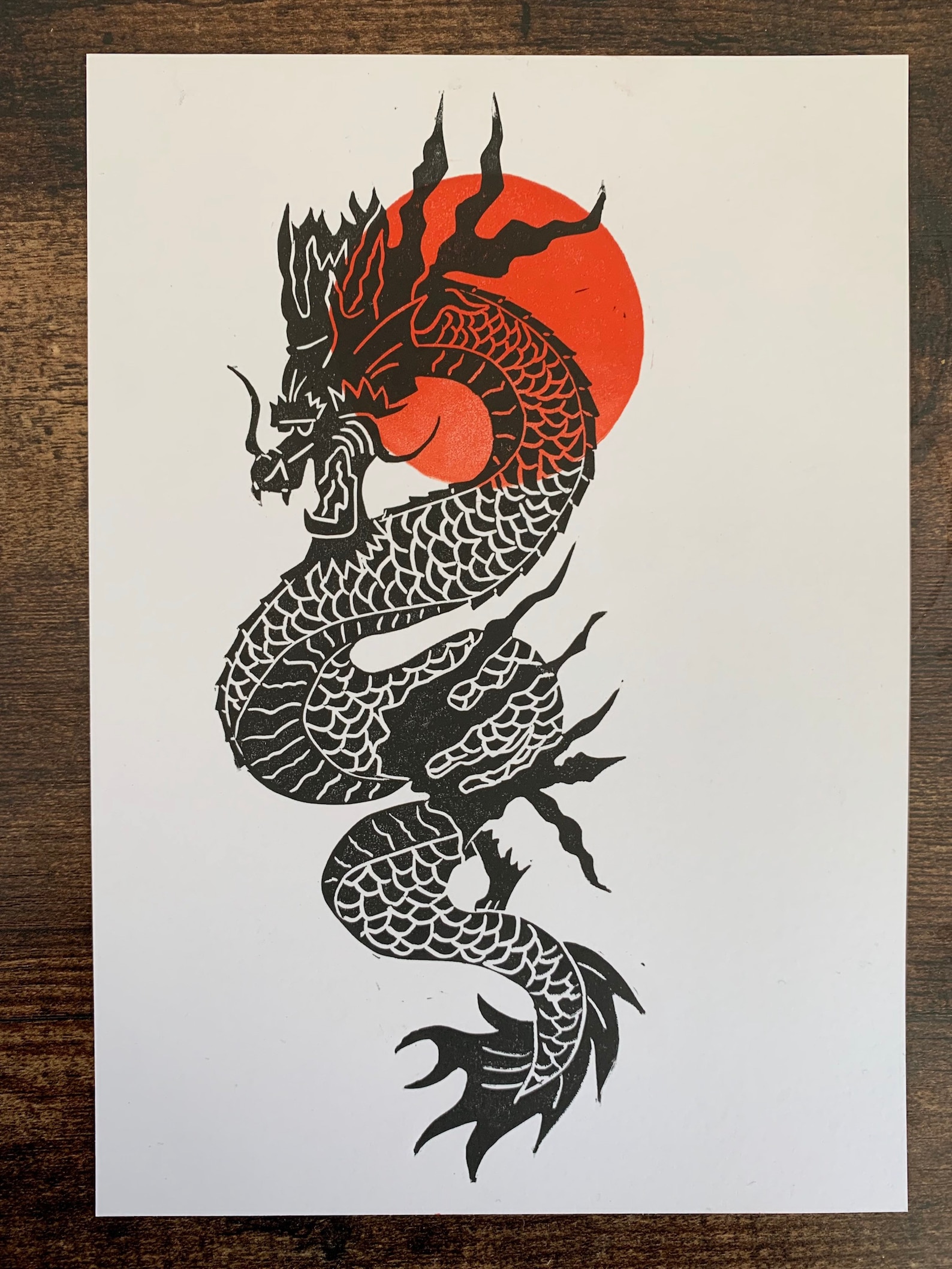 AQUA A5 Original Linocut Print, Dragon Print, Lino Print, A5 Print