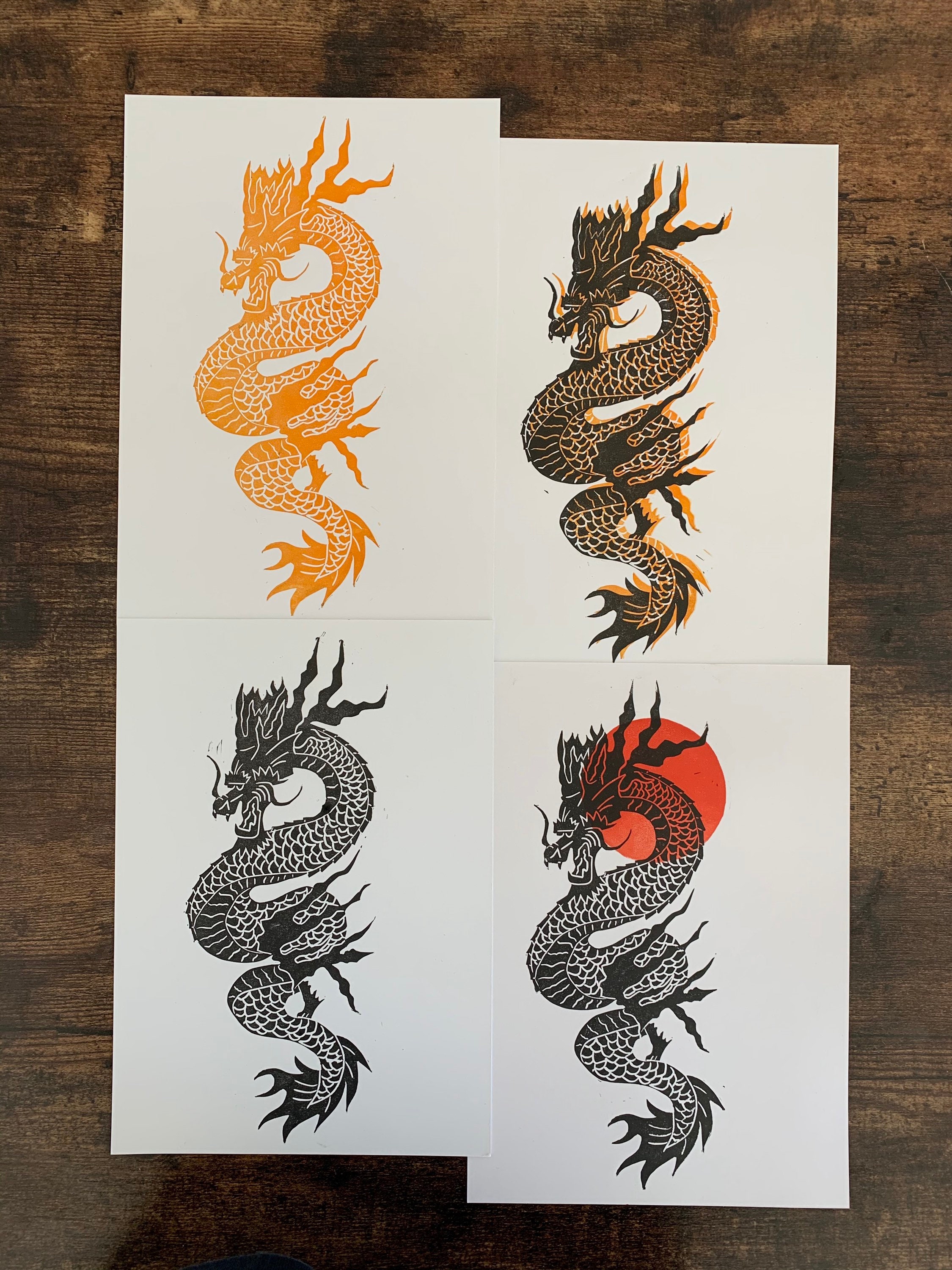 AQUA A5- Original Linocut Print, Dragon Print, Lino Print, A5 Print ...