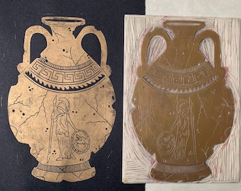 ATHENA A4 - Original Linocut Print, Greek Mythology, Greek Vase, Pottery, Lino Print, A4 Print, Athena Print, Handprinted Art