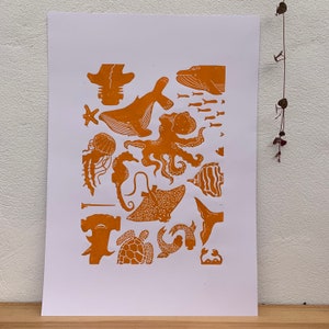P. SHERMAN A3- Original Linocut Print, Lino Print, Underwater Sea Creatures Print, A3 Print, Block Print, Relief Print, Handprinted Art