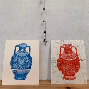 ATHENA + HERCULES - Original Linocut Print, Greek Mythology, Greek Vase, Pottery, Lino Print, A4 Print, Athena Print, Handprinted Art