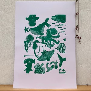 P. SHERMAN A3- Original Linocut Print, Lino Print, Underwater Sea Creatures Print, A3 Print, Block Print, Relief Print, Handprinted Art