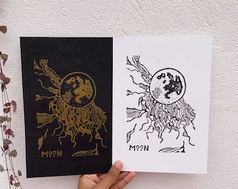 MOON & HARVEST MOON A5- Original Linocut Print, Moon Print, Abstract Art, Lino Print, A5 Print, Hand Printed, Space Art, Celestial Print